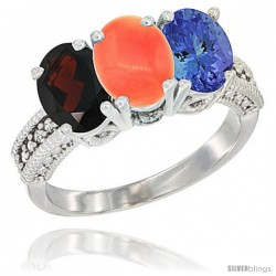 14K White Gold Natural Garnet, Coral & Tanzanite Ring 3-Stone 7x5 mm Oval Diamond Accent