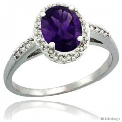 Sterling Silver Diamond Natural Amethyst Ring Oval Stone 8x6 mm 1.17 ct 3/8 in wide