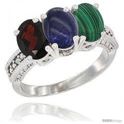 14K White Gold Natural Garnet, Lapis & Malachite Ring 3-Stone 7x5 mm Oval Diamond Accent