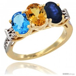 10K Yellow Gold Natural Swiss Blue Topaz, Citrine & Blue Sapphire Ring 3-Stone Oval 7x5 mm Diamond Accent