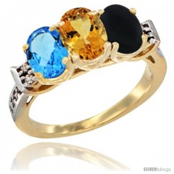 10K Yellow Gold Natural Swiss Blue Topaz, Citrine & Black Onyx Ring 3-Stone Oval 7x5 mm Diamond Accent