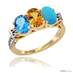 10K Yellow Gold Natural Swiss Blue Topaz, Citrine & Turquoise Ring 3-Stone Oval 7x5 mm Diamond Accent