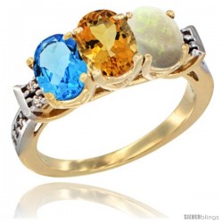 10K Yellow Gold Natural Swiss Blue Topaz, Citrine & Opal Ring 3-Stone Oval 7x5 mm Diamond Accent