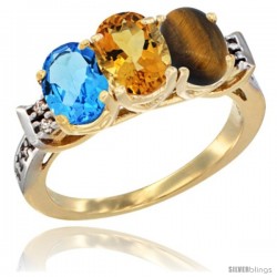 10K Yellow Gold Natural Swiss Blue Topaz, Citrine & Tiger Eye Ring 3-Stone Oval 7x5 mm Diamond Accent