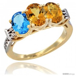 10K Yellow Gold Natural Swiss Blue Topaz, Citrine & Whisky Quartz Ring 3-Stone Oval 7x5 mm Diamond Accent