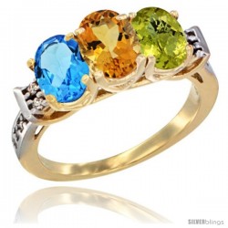 10K Yellow Gold Natural Swiss Blue Topaz, Citrine & Lemon Quartz Ring 3-Stone Oval 7x5 mm Diamond Accent