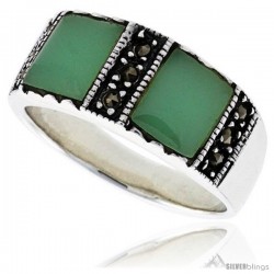 Sterling Silver Oxidized Ring, w/ Two 7mm Square-shaped Green Resin, 5/16 (8 mm) wide