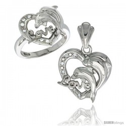 Sterling Silver DOLPHINS HEART LOVE Ring & Pendant Set CZ Stones Rhodium Finished