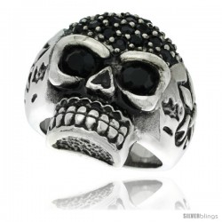 Surgical Steel Biker Skull Ring Black CZ Eyes & Fleur de Lis on each Side