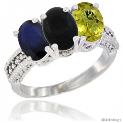 10K White Gold Natural Blue Sapphire, Black Onyx & Lemon Quartz Ring 3-Stone Oval 7x5 mm Diamond Accent