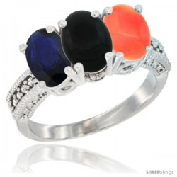 10K White Gold Natural Blue Sapphire, Black Onyx & Coral Ring 3-Stone Oval 7x5 mm Diamond Accent