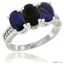 10K White Gold Natural Blue Sapphire, Black Onyx & Lapis Ring 3-Stone Oval 7x5 mm Diamond Accent