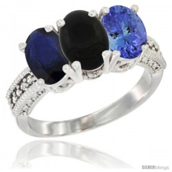 10K White Gold Natural Blue Sapphire, Black Onyx & Tanzanite Ring 3-Stone Oval 7x5 mm Diamond Accent