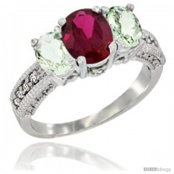 14k White Gold Ladies Oval Natural Ruby 3-Stone Ring with Green Amethyst Sides Diamond Accent