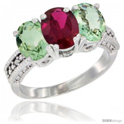 14K White Gold Natural Ruby & Green Amethyst Sides Ring 3-Stone 7x5 mm Oval Diamond Accent