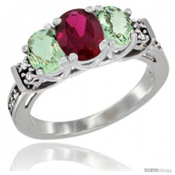 14K White Gold Natural High Quality Ruby & Green Amethyst Ring 3-Stone Oval with Diamond Accent