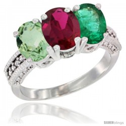 14K White Gold Natural Green Amethyst, Ruby & Emerald Ring 3-Stone 7x5 mm Oval Diamond Accent