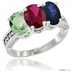 14K White Gold Natural Green Amethyst, Ruby & Blue Sapphire Ring 3-Stone 7x5 mm Oval Diamond Accent