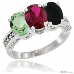 14K White Gold Natural Green Amethyst, Ruby & Black Onyx Ring 3-Stone 7x5 mm Oval Diamond Accent