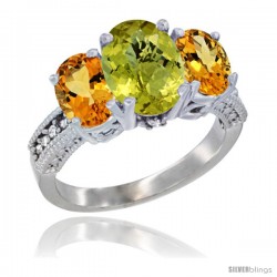 14K White Gold Ladies 3-Stone Oval Natural Lemon Quartz Ring with Citrine Sides Diamond Accent