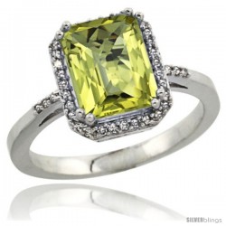 Sterling Silver Diamond Natural Lemon Quartz Ring 2.53 ct Emerald Shape 9x7 mm, 1/2 in wide