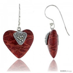 Sterling Silver Heart Natural Red Coral Earrings 3/4" (20 mm)