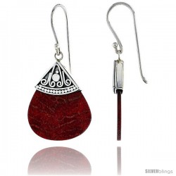 Sterling Silver Teardrop-shape Natural Red Coral Earrings 1" (25 mm)