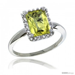 Sterling Silver Diamond Natural Lemon Quartz Ring 1.6 ct Emerald Shape 8x6 mm, 1/2 in wide