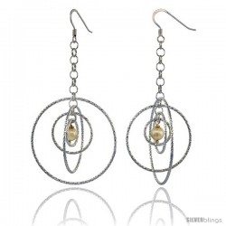 Sterling Silver Dangling Circles Earrings, 69mm (2 3/4 in) long, Diamond Cut Tubing, Swarovski Cream Pearl Center