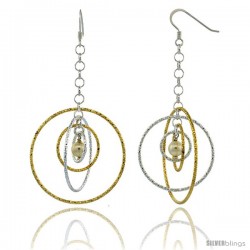 Sterling Silver Two-Tone Diamond Cut Tubing Dangling Circles Earrings w/ Swarovski Pearls, 2-3/4 in. tall