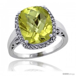 Sterling Silver Diamond Natural Lemon Quartz Ring 5.17 ct Checkerboard Cut Cushion 12x10 mm, 1/2 in wide