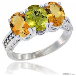 14K White Gold Natural Lemon Quartz & Citrine Sides Ring 3-Stone 7x5 mm Oval Diamond Accent