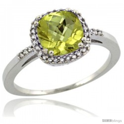 Sterling Silver Diamond Natural Lemon Quartz Ring 1.5 ct Checkerboard Cut Cushion Shape 7 mm, 3/8 in wide