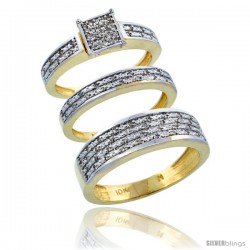 14k Gold 3-Piece Trio His (6.5mm) & Hers (3.5mm) Diamond Wedding Ring Band Set w/ 0.328 Carat Brilliant Cut Diamonds