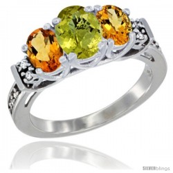 14K White Gold Natural Lemon Quartz & Citrine Ring 3-Stone Oval with Diamond Accent