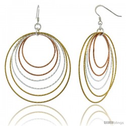 Sterling Silver Tri-Color Diamond Cut Tubing Dangling Circles Earrings, 2-3/4 in. tall