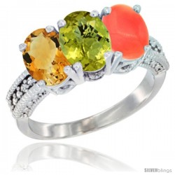 14K White Gold Natural Citrine, Lemon Quartz & Coral Ring 3-Stone 7x5 mm Oval Diamond Accent