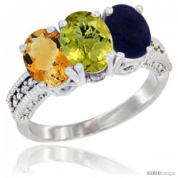 14K White Gold Natural Citrine, Lemon Quartz & Lapis Ring 3-Stone 7x5 mm Oval Diamond Accent