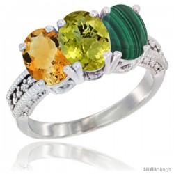 14K White Gold Natural Citrine, Lemon Quartz & Malachite Ring 3-Stone 7x5 mm Oval Diamond Accent