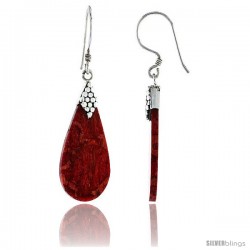 Sterling Silver Teardrop Natural Red Coral Earrings 1 3/16" (30 mm)