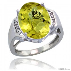 Sterling Silver Diamond Natural Lemon Quartz Ring 9.7 ct Large Oval Stone 16x12 mm, 5/8 in wide