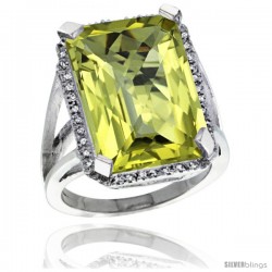 Sterling Silver Diamond Natural Lemon Quartz Ring 14.96 ct Emerald Shape 18x13 mm Stone, 13/16 in wide