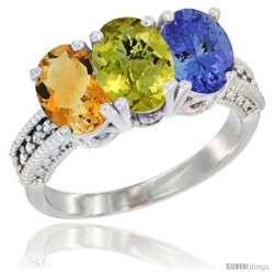 14K White Gold Natural Citrine, Lemon Quartz & Tanzanite Ring 3-Stone 7x5 mm Oval Diamond Accent