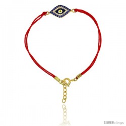 6.5 in. Red Silk Bracelet Sterling Silver (Gold Plated) Jeweled Evil Eye Charm, 1 in. Extension