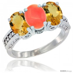 14K White Gold Natural Coral & Citrine Sides Ring 3-Stone 7x5 mm Oval Diamond Accent