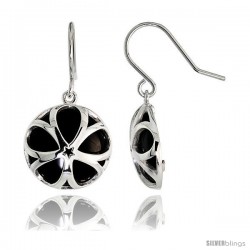 Round Black Onyx Dangle Earrings in Sterling Silver, 11/16" (18 mm) tall