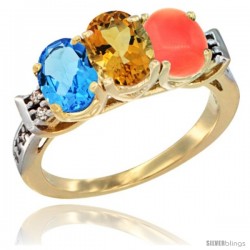 10K Yellow Gold Natural Swiss Blue Topaz, Citrine & Coral Ring 3-Stone Oval 7x5 mm Diamond Accent