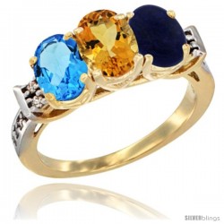 10K Yellow Gold Natural Swiss Blue Topaz, Citrine & Lapis Ring 3-Stone Oval 7x5 mm Diamond Accent