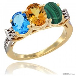 10K Yellow Gold Natural Swiss Blue Topaz, Citrine & Malachite Ring 3-Stone Oval 7x5 mm Diamond Accent