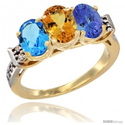 10K Yellow Gold Natural Swiss Blue Topaz, Citrine & Tanzanite Ring 3-Stone Oval 7x5 mm Diamond Accent